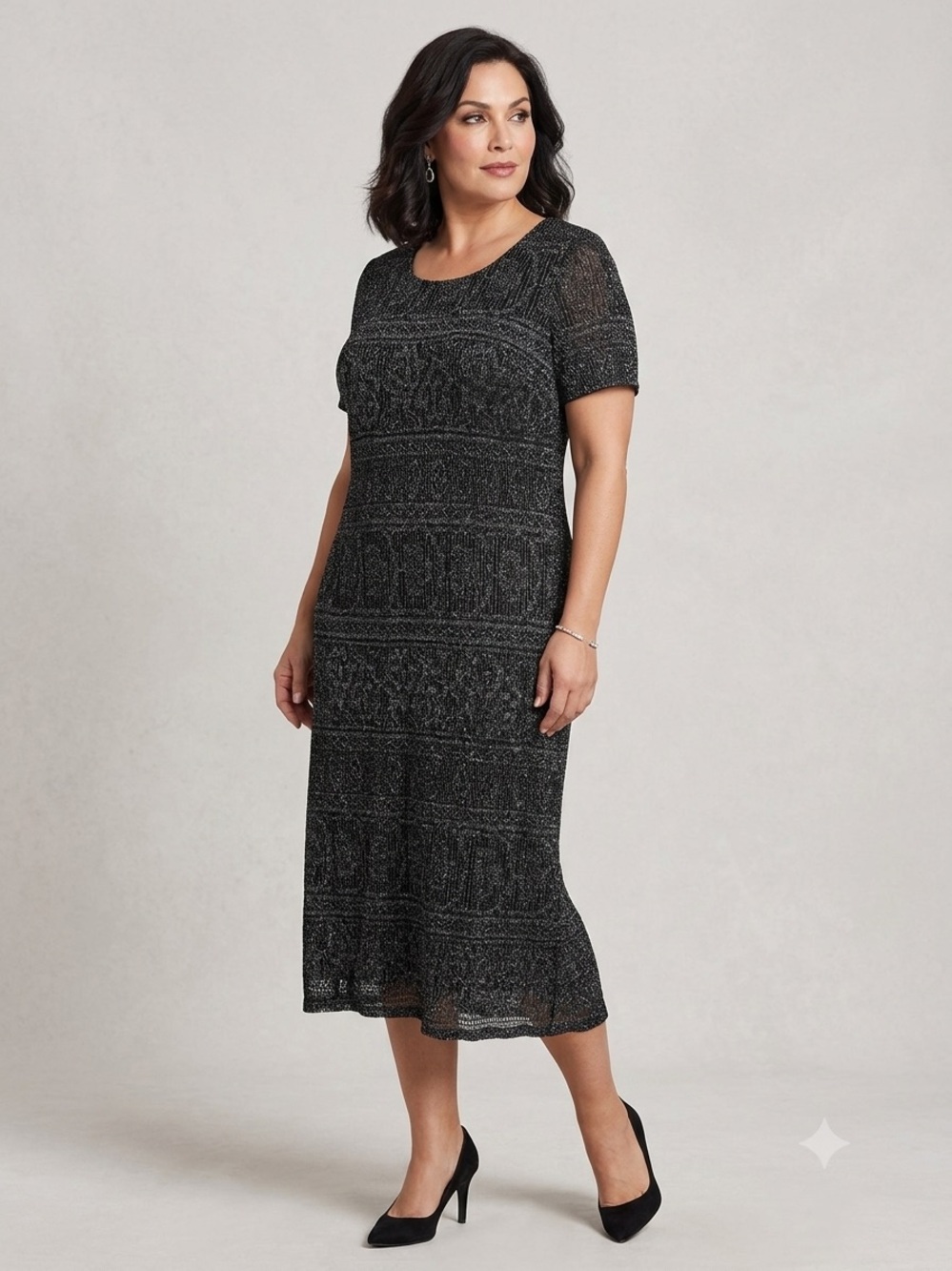 Vtg Jessica Howard Dress 20P Black Silver Metallic 90s Slinky Knit Midi USA